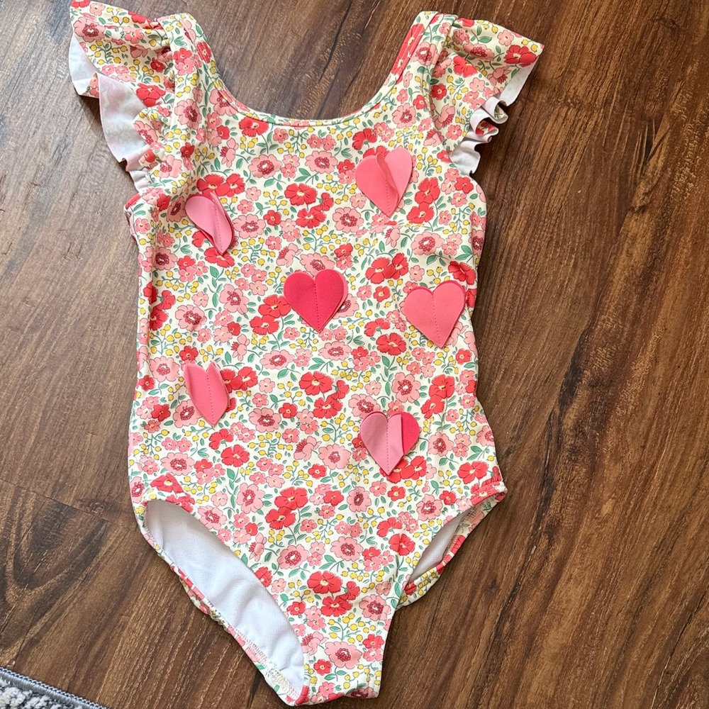 Mini Boden Floral Heart Kids Swim One Piece - Red and Pink